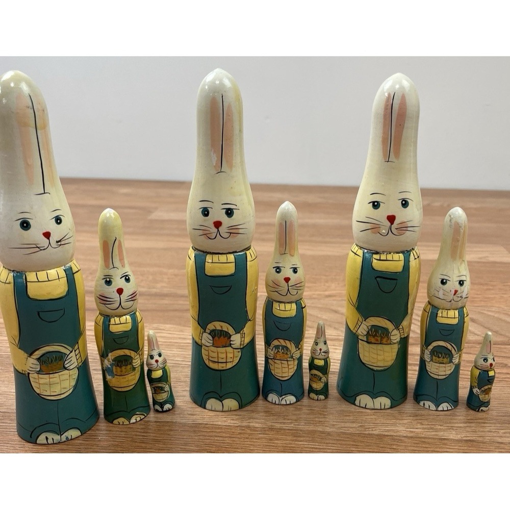 Vintage Lot of 3 Sets of Nobel Hall Wood Nesting Bunny Rabbits- Very Old & Worn